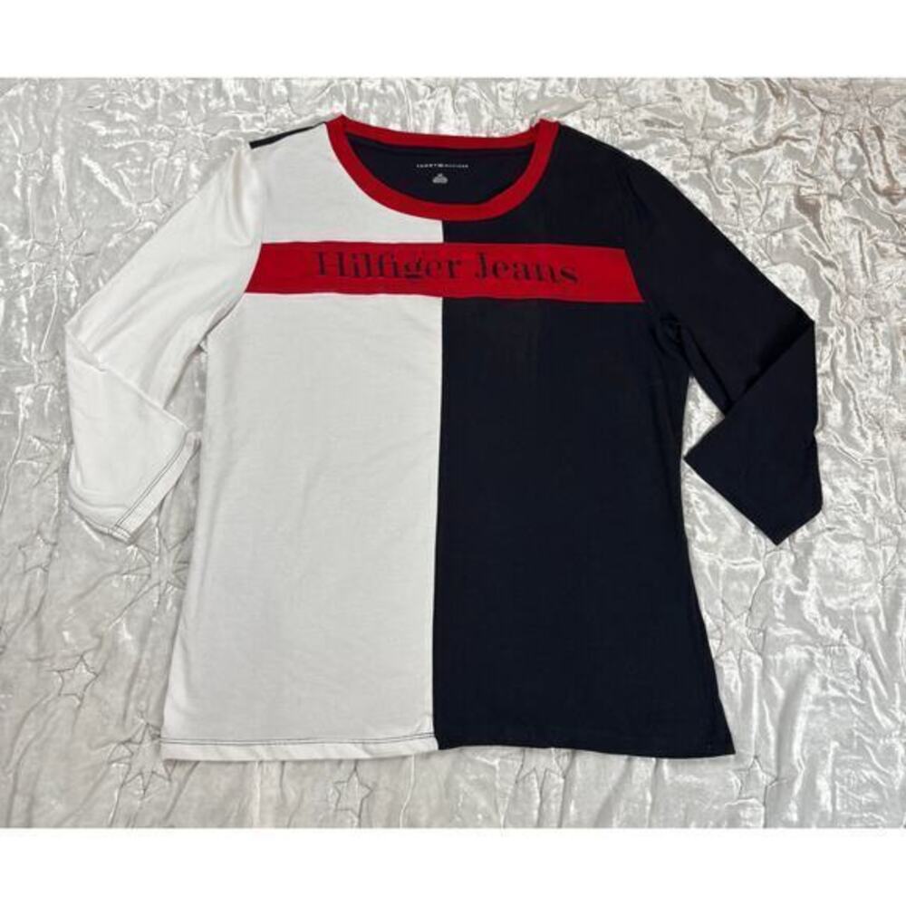 NWT Tommy Hilfiger Jeans Red White Blue Colorblock Logo Tee Size L